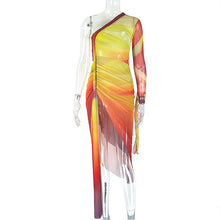 Load image into Gallery viewer, Women Clothing Pleated Color Matching Slit Slim Fitting Asymmetric Diagonal Collar Shoulder Long Sleeve Dress