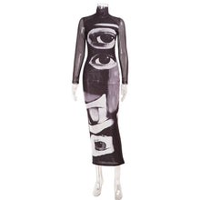 Load image into Gallery viewer, Women Clothing Three Dimensional Printing Double Layer Mesh Turtleneck Long Sleeve Dress Long