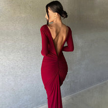 Load image into Gallery viewer, Women Clothing Summer Sexy V neck Slim Pleated Solid Color Long Sleeve Dress