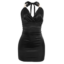 Load image into Gallery viewer, Halter V neck Lace up Wrapped Chest Nipped Waist Slim Fit Solid Color Short High Waist Sheath Dress
