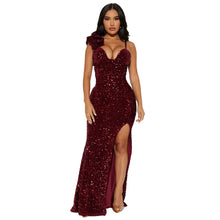 Load image into Gallery viewer, Women Wear Solid Color Sexy Suspenders Sequined Maxi Dress Slit Evening Dress