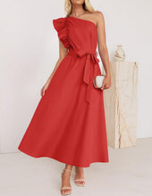 Load image into Gallery viewer, Women Maxi Dress Oblique Shoulder Wooden Ear Belt Dress Bridesmaid Toast Dress