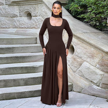 Load image into Gallery viewer, Women Clothing Autumn Sexy Contrast Color U Collar Solid Color Split Long Sleeve Dress