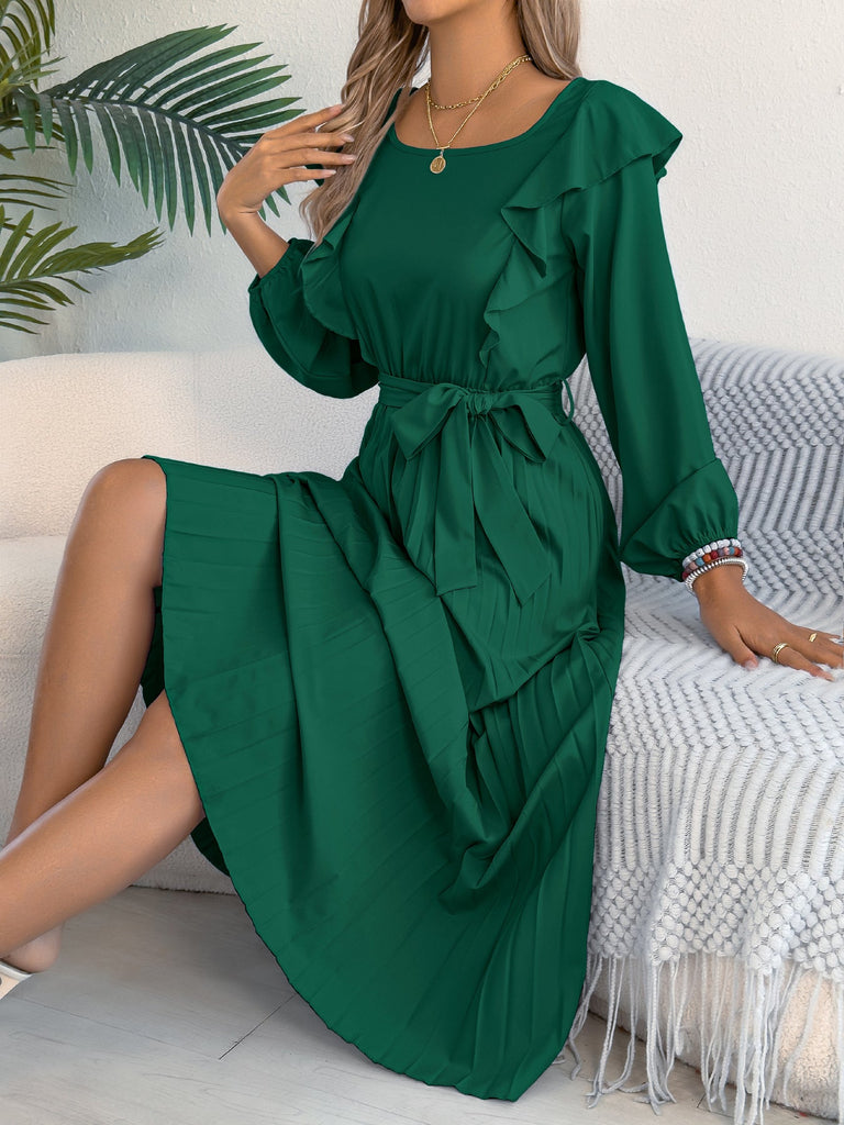 Women Clothing Spring Summer Elegant Ruffled Square Collar Long Sleeve Cinched Pleated Dress