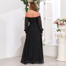Load image into Gallery viewer, Black off Shoulder Long Sleeve Chiffon Embroidered Evening Dress High Slit Fully Lined Party Dress