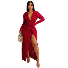 Load image into Gallery viewer, Sexy Slit Dress Autumn Winter V neck Long Sleeve Pleated Dress