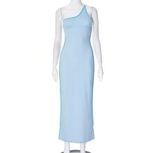 Load image into Gallery viewer, Women Clothing Spring Summer Contrast Color Diagonal Collar One Shoulder Backless Lace up Sexy Sheath Dress Women