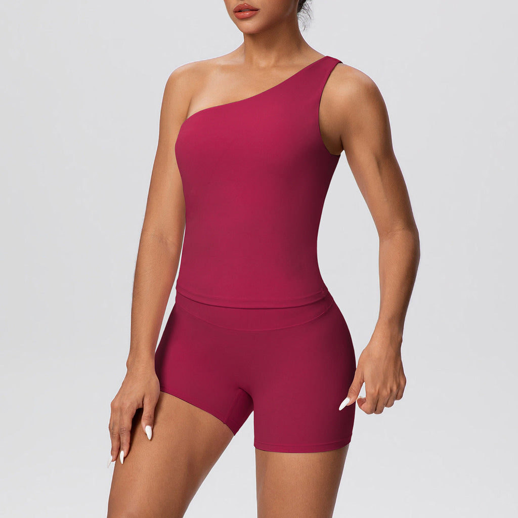 Women Solid Color Oblique Shoulder Strap Beauty Back Exercise Vest Yoga Pants Running Slim Shorts Fitness Yoga Wear Set