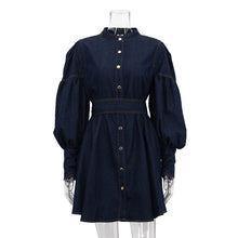 Load image into Gallery viewer, Denim Shirt Dress Niche Design Lantern Sleeve Lace up Graceful Fashionable Dress
