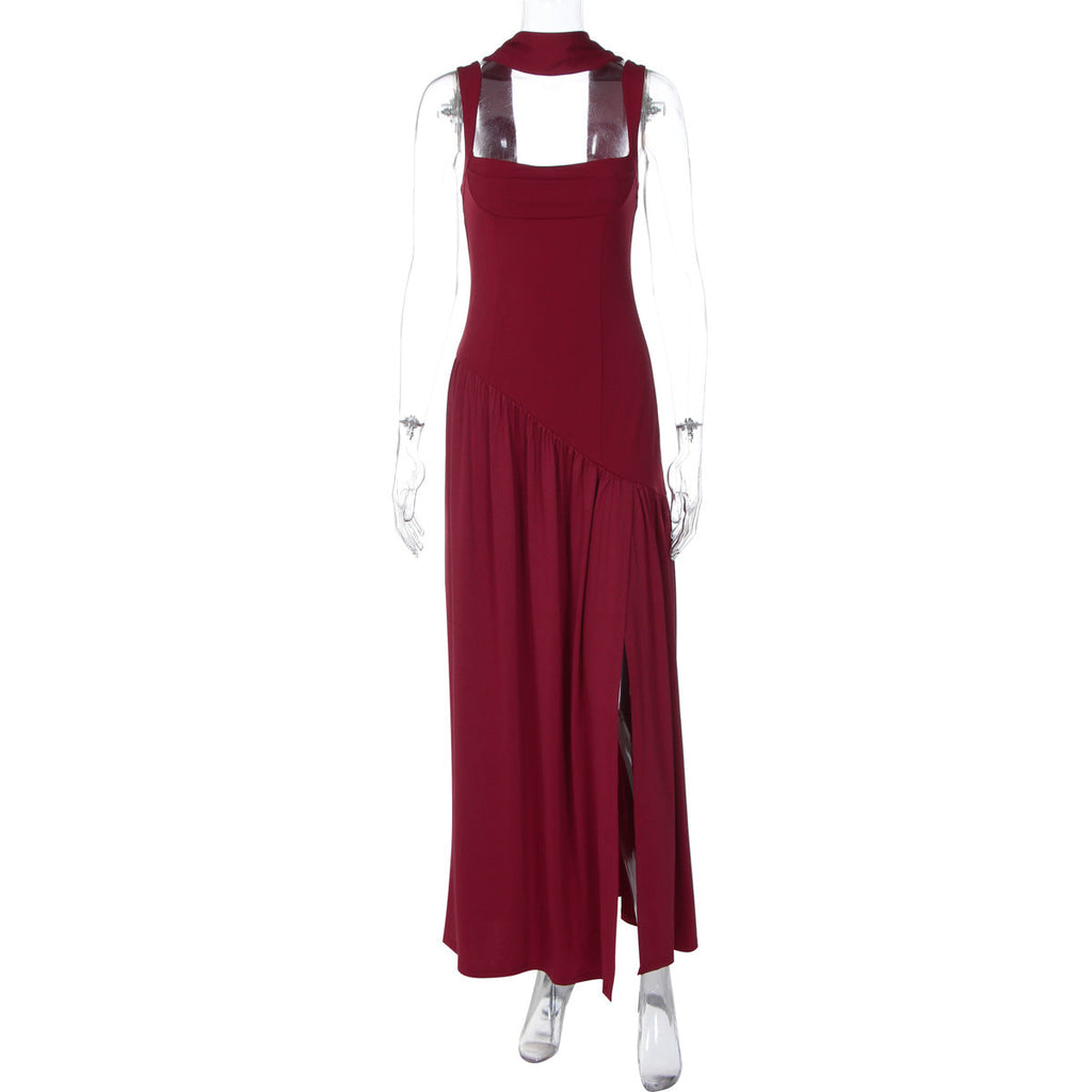 Women Clothing Winter Camisole Slim Solid Color Split Ribbon Dress Women
