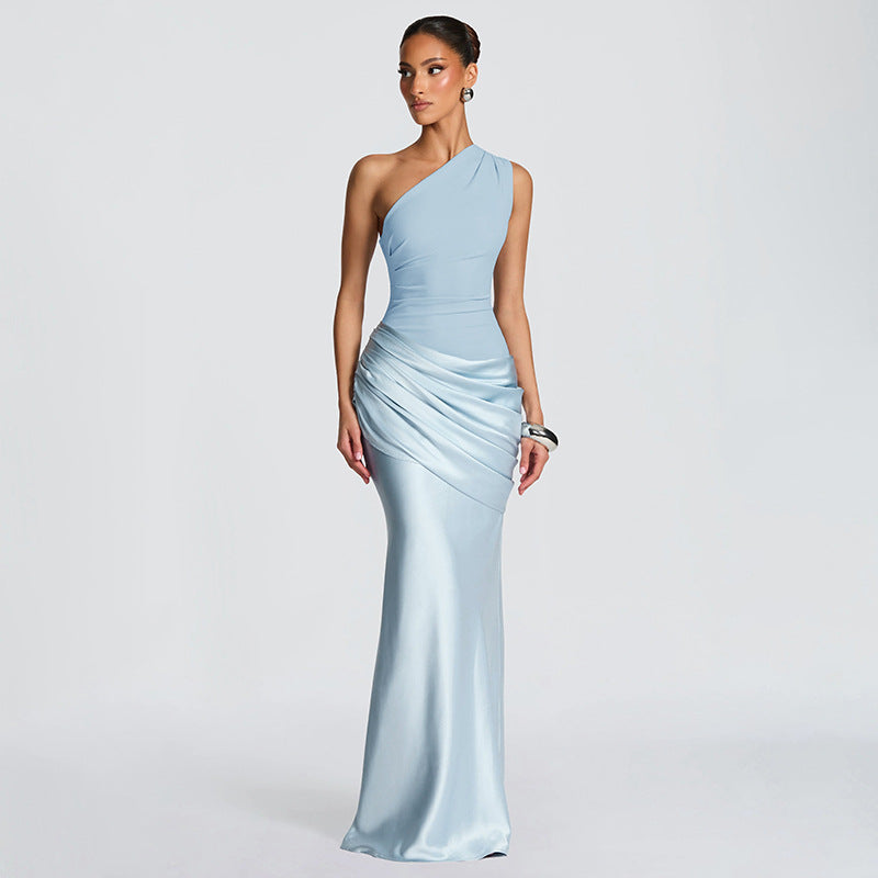 Women Clothing Autumn Winter Expensive Socialite One Shoulder Pleated Stitching Hip Fishtail Dress