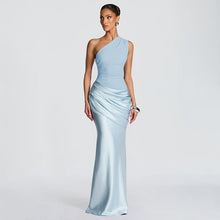 Load image into Gallery viewer, Women Clothing Autumn Winter Expensive Socialite One Shoulder Pleated Stitching Hip Fishtail Dress