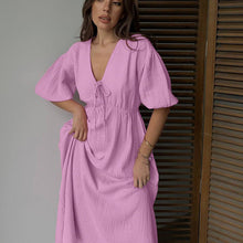 Load image into Gallery viewer, Women Clothing Cotton Double Layer Champray High Waist Dress V neck Puff Sleeve Lace up A line Long Dress