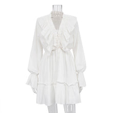 Load image into Gallery viewer, V neck Pleating Bell Sleeve Ruffled White Dress Spring Women Design Petti dress