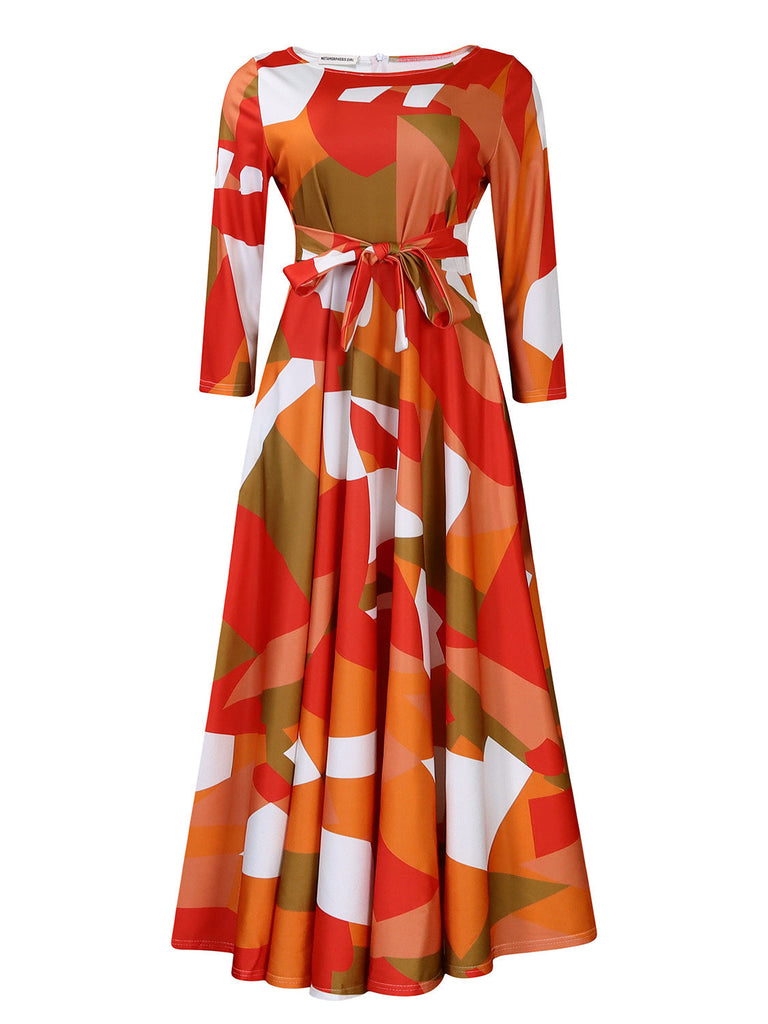 Women Clothing Spring Elegant Graceful Printed Lace up Large Dress
