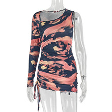 Load image into Gallery viewer, Women Clothing Personality Slim Fit Diagonal Collar Asymmetric Hip Dress Pleated Long Sleeve Printed Short Dress