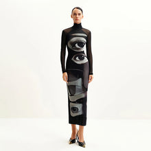 Load image into Gallery viewer, Women Clothing Three Dimensional Printing Double Layer Mesh Turtleneck Long Sleeve Dress Long