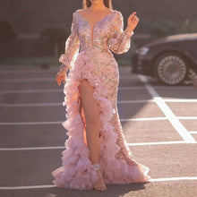Load image into Gallery viewer, Fall Women Clothing Sexy Mesh Trailing Sequined Split Pink Evening Dress