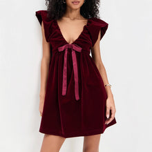 Load image into Gallery viewer, Autumn Winter V neck Bow Pleuche Party Women Dress
