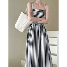Load image into Gallery viewer, French Striped Bandeau Sling Dress Women High Grade off the Shoulder Pleated Waist Tight A line Long Summer