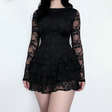 Load image into Gallery viewer, Women Dark Sexy Tight Long Sleeve See through Lace Tiered Dress round Neck Waist Trimming A line Dress