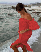 Load image into Gallery viewer, Solid Color Cotton Linen Sexy of Neck Split Holiday Dress Women