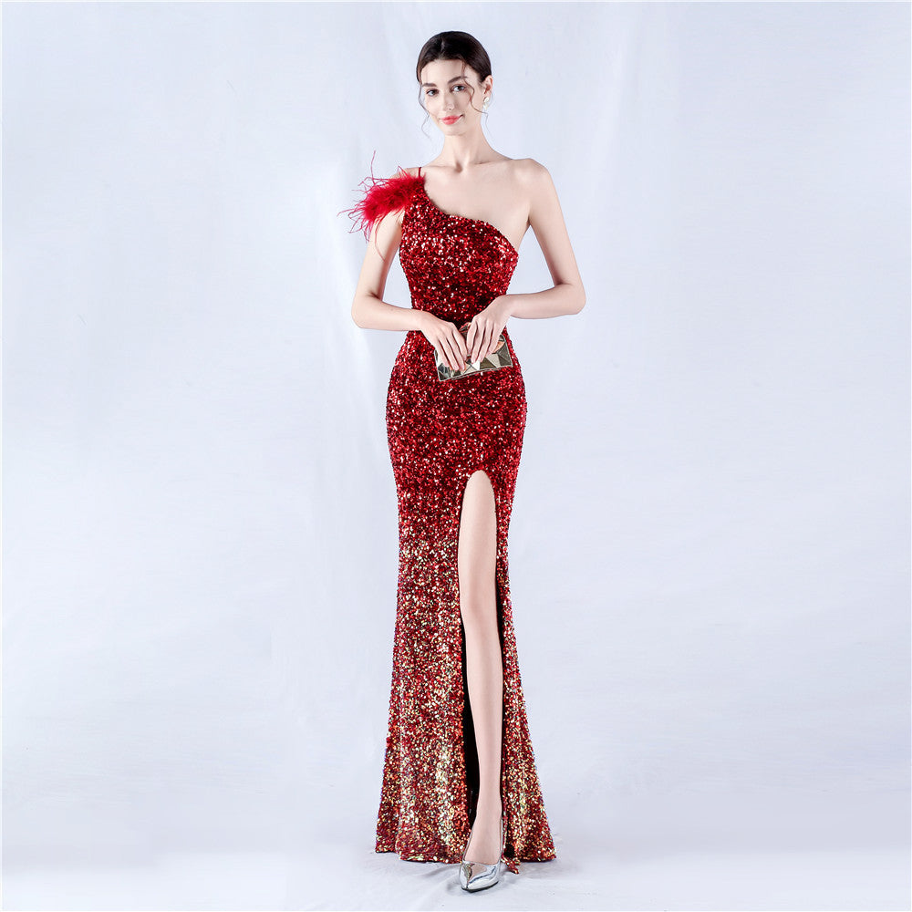 Dress Gradient Velvet Bottom Sequin Craft Order Ostrich Feather One Shoulder Diagonal Collar High Fork Evening Dress