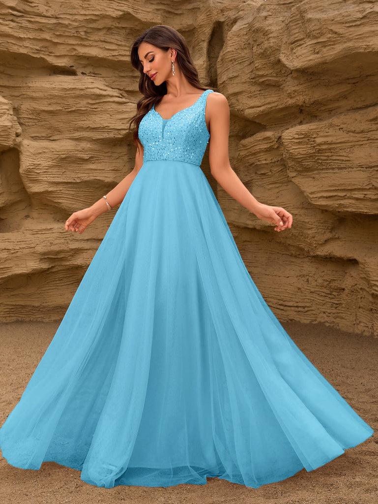 Elegant Sequin Stitching Mesh Double Collar Party Dress Sleeveless Large a Hem Full Lining Maxi Dress Prom