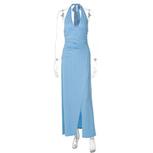 Load image into Gallery viewer, Women Clothing Sexy V neck Solid Color Sleeveless Halter Lace-up Backless Pleated Waist Tight Slimming Slit Dress