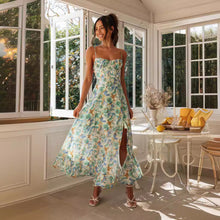 Load image into Gallery viewer, Summer Suspender Printed Hem Slit Backless Maxi Dress