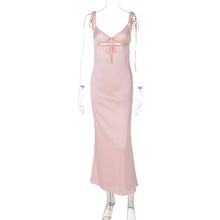 Load image into Gallery viewer, Summer Sexy V neck Lace Strap Satin Dress Sleeveless Self Tie Dress Women