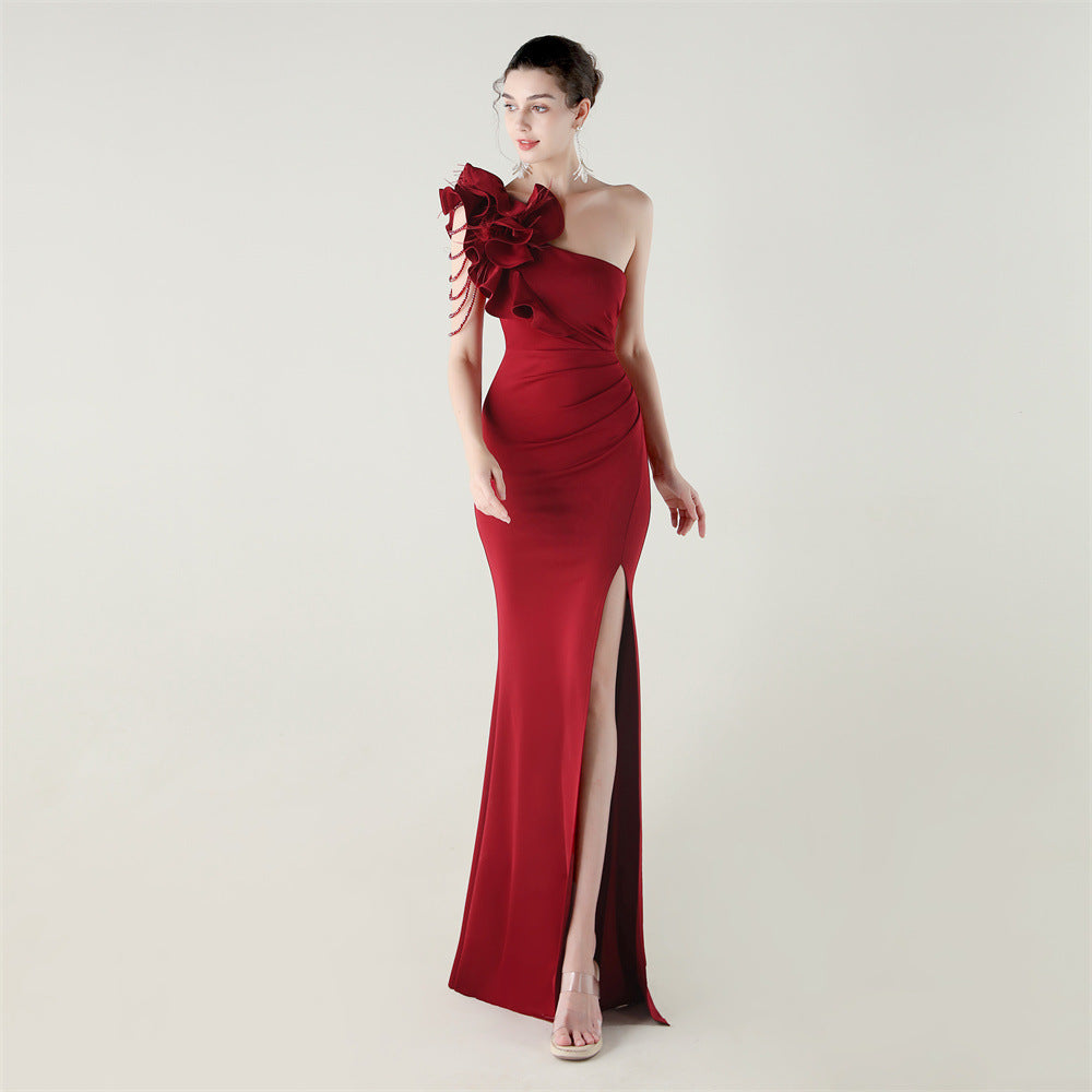 Single Shoulder Craft Beaded Nail Hair Wave Floral Satin High Slit Sexy Evening Dress Evening Cocktail Wedding