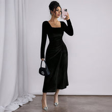 Load image into Gallery viewer, Black Velvet Dress Retro Square Collar Side Waist Pleated Slim Fit Inner Wear Autumn Winter High-Grade Dating Wear