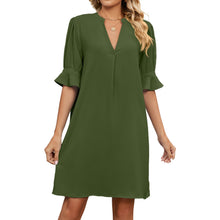 Load image into Gallery viewer, Summer Solid Color V neck Loose Pleated Half Length Sleeve Dress Women