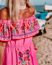 Load image into Gallery viewer, Spring Summer off Shoulder Red Floral Printed Long Large Hem Dress