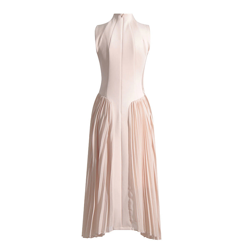 Summer Stand Collar Elegant Slightly Mature Dress Design Pleated Patchwork Waist Slimming Slimming Dress Long Dress