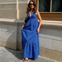 Load image into Gallery viewer, French Vacation Blue Cotton Linen V neck Strap Backless Dress Spring Summer Dress