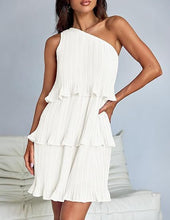 Load image into Gallery viewer, Spring Summer Women Clothing Oblique Shoulder Layered Stitching Hem Solid Color Dress Women