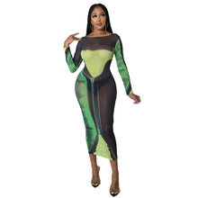 Load image into Gallery viewer, Summer Women Clothing Sexy Mesh Floral Print Long Sleeve Mid-Length Women Dress