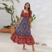 Load image into Gallery viewer, Bohemian Beach Holiday Dress off Shoulder Puff Sleeve Floral Mid Length Dress