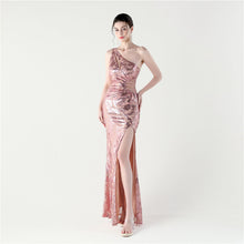 Load image into Gallery viewer, Sexy Slim Hip One Shoulder Diagonal Collar Sequin Gauze Evening Dress The Dinner Party