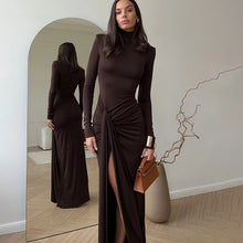 Load image into Gallery viewer, Fall Winter Women High Collar Long Sleeve Stitching Lace up Waist Controlled Slim Fit Solid Color Dress Women