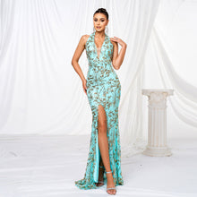 Load image into Gallery viewer, Women Clothing High End V neck Halter Slim Fit Sheath Sequined Cocktail Split Evening Dress