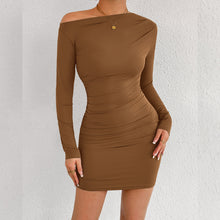 Load image into Gallery viewer, Hip Dress One Shoulder Cold Shoulder Long Sleeve Pleated Sexy Dress