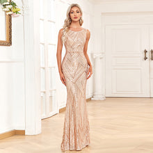 Load image into Gallery viewer, Women Sleeveless Round Neck Luxury Rose Gold Party Dress Mermaid Shiny Large Long Evening Dress
