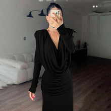 Load image into Gallery viewer, Fall Women Clothing Sexy Backless Swing Collar Slim Pleated Solid Color Long Sleeve Dress