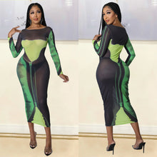 Load image into Gallery viewer, Summer Women Clothing Sexy Mesh Floral Print Long Sleeve Mid-Length Women Dress