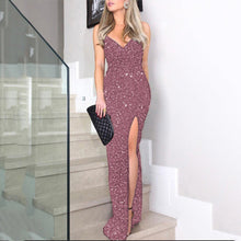 Load image into Gallery viewer, Summer Women Clothing High Waist Sexy Dress Sequined Suspender Slit Formal Dress