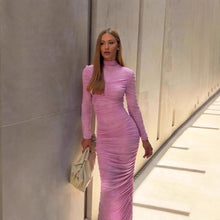 Load image into Gallery viewer, Autumn Elegant Socialite Private Clothing Stand Collar Long Sleeve Waisted Slim Fit Package Hip Pleated Niche Dress