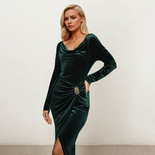 Load image into Gallery viewer, Women Dark Green Velvet Dress Christmas Autumn Winter Swing Collar Long Sleeve Slit Waist Cocktail Dress
